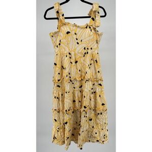 Womens Midi Sundress Tiered Floral Yellow Sleeveless Straps Bowtied Lace Boho Lg